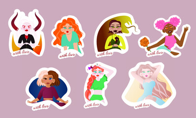 Set of of sexy women stickers. Beautiful girls stickers for t-shirts, posters, sweatshirts and souvenirs.