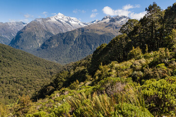 Obraz premium view of Darran Mountains from the Routeburn Track in Fiordland National Park, South Island, New Zealand