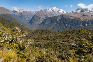 view of Hollyford River Valley from the Routeburn Track in Fiordland National Park, South Island, New Zealand