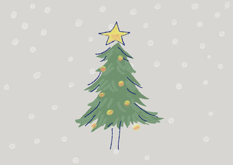 1本のクリスマスツリーのイラスト　雪の背景