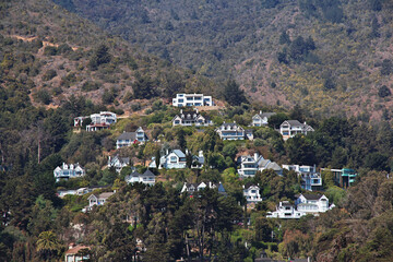 Fototapeta na wymiar Houses on the hill in Zapallar village, Chile