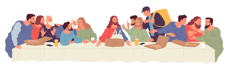 People sitting at table with food delivered by courier from food delivery service. Illustration based on Leonardo Da Vinci painting The Last Supper