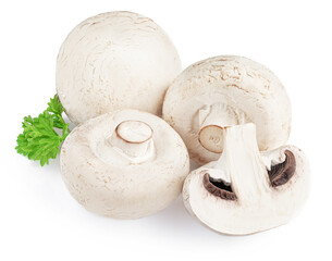 Fresh champignon mushrooms isolated on white background. Whole and sliced champignons