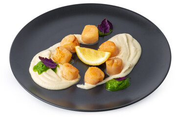 Cooked scallops in creamy sauce on black plate isolated on white