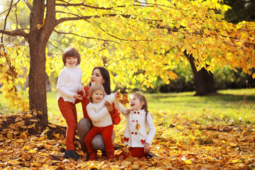 Fototapeta premium Young family on a walk in the autumn park on a sunny day. Happiness to be together.