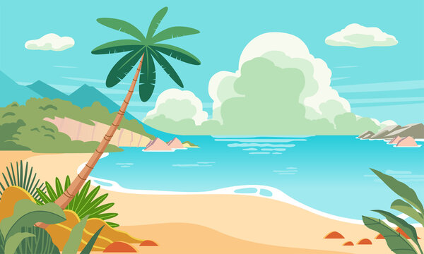 Beach landscape illustration with many beach plant, sunny day in summer time with blue skies and cloud