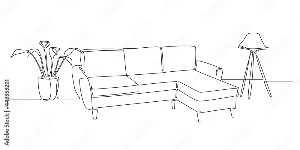 Fototapete One continuous line drawing of couch or sofa with lamp and potted plant. Modern scandinavian furniture in simple linear style. Editable stroke Vector illustration