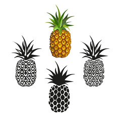 Fototapeta premium Summer fruits for health. Set pineapple icons, black and colorful on white background for tattoo, kids design, logo. Cartoon flat vector illustration.