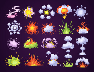 Collection of colorful bomb explosion. Set of blast atom explosive effect. Atomic destruction