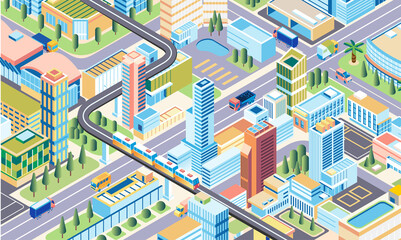 Isometric 3D city illustration, megapholitan city with modern building, roads, and transportation - obrazy, fototapety, plakaty