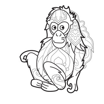 Contour linear illustration with animal for coloring book. Cute monkey, anti stress picture. Line art design for adult or kids  in zentangle style and coloring page.