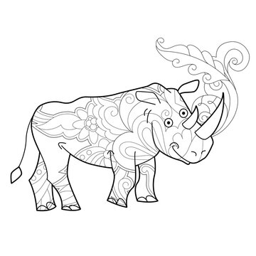 Contour linear illustration with animal for coloring book. Cute rhino, anti stress picture. Line art design for adult or kids  in zentangle style and coloring page.