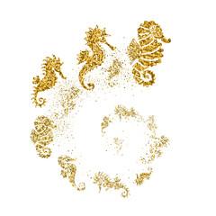Golden glitter seahorses swim in spiral on white background. Beautiful gold silhouettes with different shapes. For invitation, fashion, decorative abstract design elements. Vector illustration. © Елена Рябцева