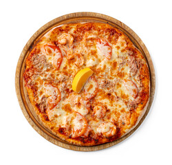 Fresh pizza on wooden board isolated on white