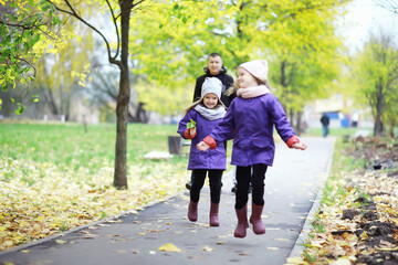 Fototapeta premium Leaf fall in the park. Children for a walk in the autumn park. Family. Fall. Happiness.