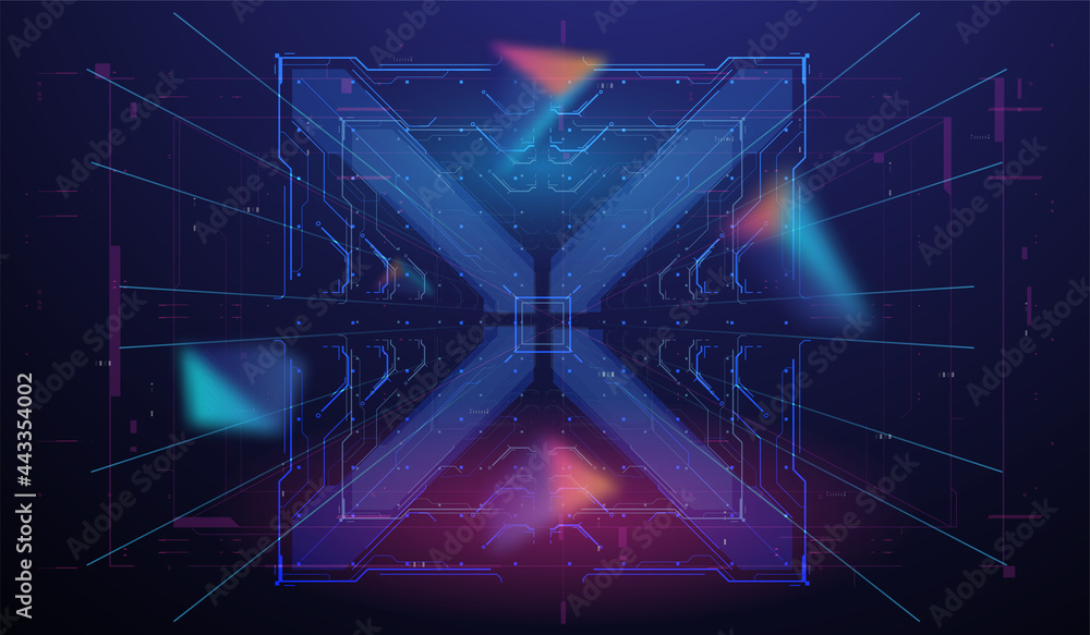 Poster Neon HUD concept. Abstract Layout digital design User Interface Square Frames in neon style. Sci fi technology template design. Futuristic HUD frames. Virtual space background.