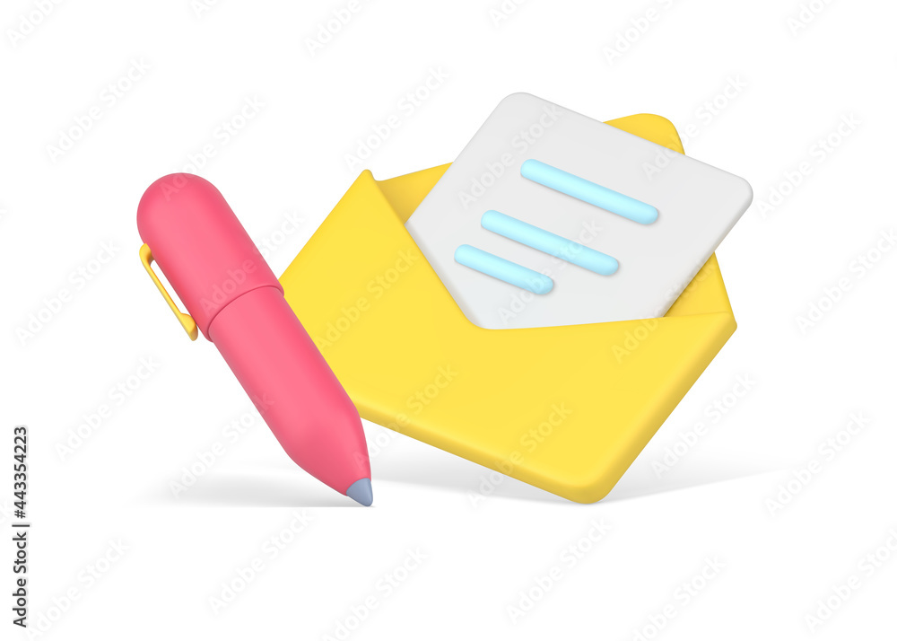 Aufkleber written message in envelope. yellow open volumetric package with note