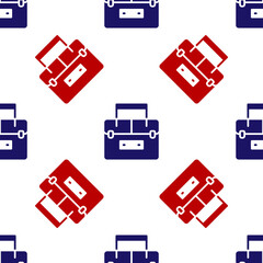 Blue and red Case or box container for wobbler and gear fishing equipment icon isolated seamless pattern on white background. Fishing tackle. Vector