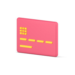 Pink credit card. Volumetric plastic rectangle with yellow code stripes and chip