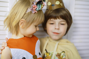 happy child kids group have fun and play at home indoor preschool education concept