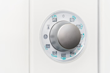 New modern microwave oven in a shop, close up