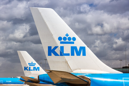 KLM Royal Dutch Airlines Airbus Airplane Tails Amsterdam Schiphol Airport In The Netherlands