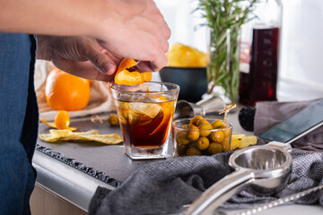 Mixologist making refreshing cocktail with vermouth at home