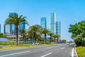 Central business district, roads and skyscrapers, Xiamen, China.