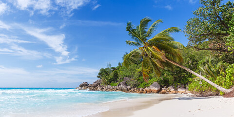 Seychelles Anse Georgette beach on Praslin island palm panorama panoramic view vacation sea