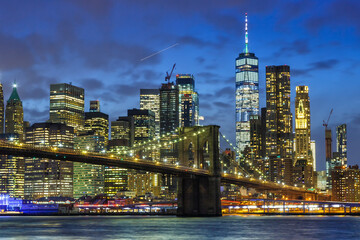 Fototapeta na wymiar New York City skyline night Manhattan town Brooklyn Bridge World Trade Center