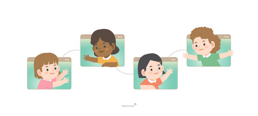 Girls greeting and chatting on social online network group to connect together with friends from distancing place on website screen. illustration vector. Kids concept