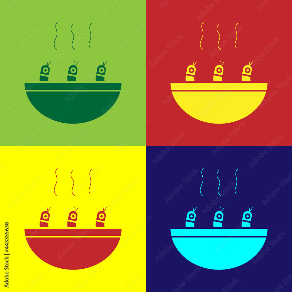 Poster pop art soup with shrimps icon isolated on color background. tom yum kung soup. vector.