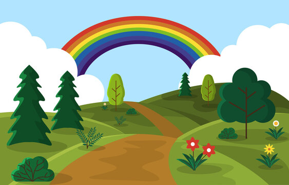 Beautiful Rainbow Summer Hills Street Nature Landscape Illustration