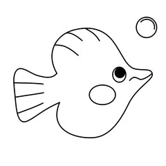 Fish. Cute cartoon character for kids. Linear simple drawing, doodle style for coloring with pencils. Marine animals, underwater world. Vector illustration isolated on white background. Funny fish