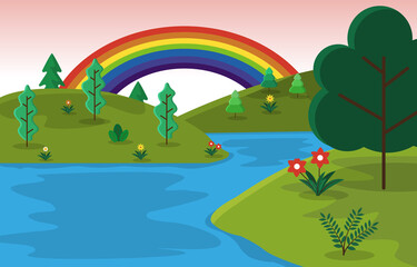 Beautiful Rainbow Summer Hills River Nature Landscape Illustration