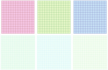 Graph paper set in blue, green, red checkered background. Squared paper sheet. Printable grid paper with color lines for school, technical engineering. Set of 6