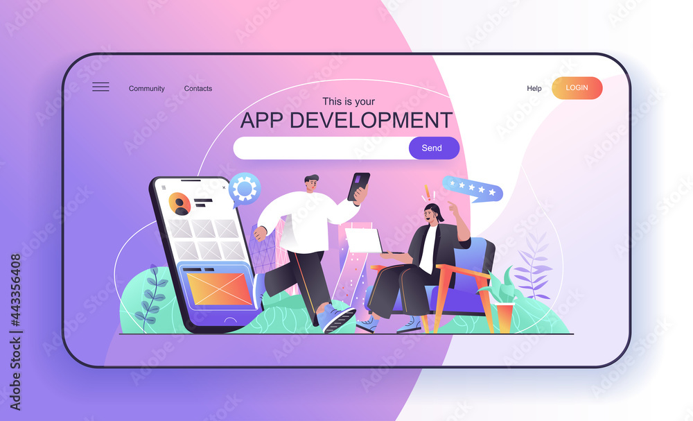 Poster This is your App development concept for landing page. Developers create and optimization mobile applications and programs web banner template. Vector illustration in flat cartoon design for web page