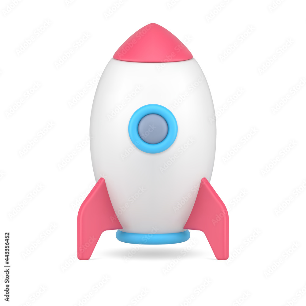 Poster rocket 3d ready for launch. white spaceship standing on surface with pink supports