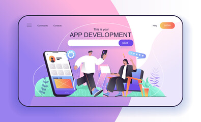 This is your App development concept for landing page. Developers create and optimization mobile applications and programs web banner template. Vector illustration in flat cartoon design for web page