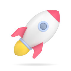 Taking off 3d rocket. White space shuttle with illuminator rushes into sky