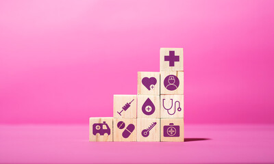 Medical icon on wood block. Health insurance banner or backdrop concept.