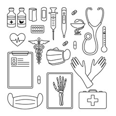 Set coloring pages element medicine. Black and white. Abstract flat.