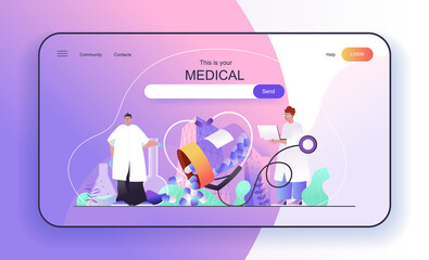 This is your Medical concept for landing page. Doctor and nurse advise, diagnose, treat patients in clinic or hospital web banner template. Vector illustration in flat cartoon design for web page