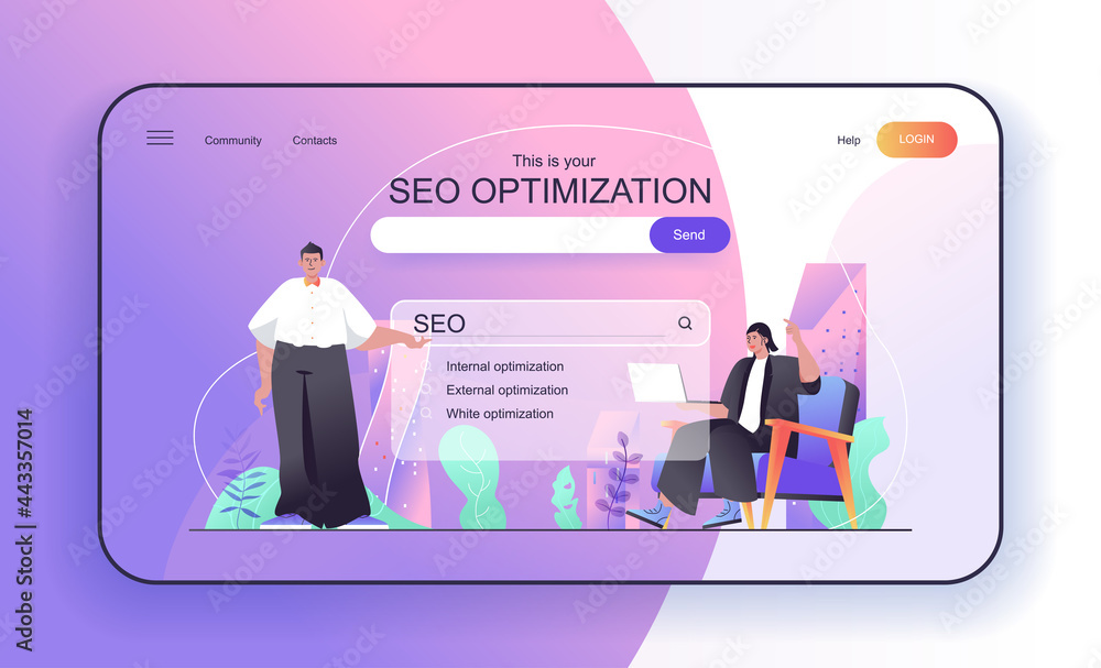 Poster This is your Seo Optimization concept for landing page. Marketers customize search bar and engine, analysis and promotion web banner template. Vector illustration in flat cartoon design for web page