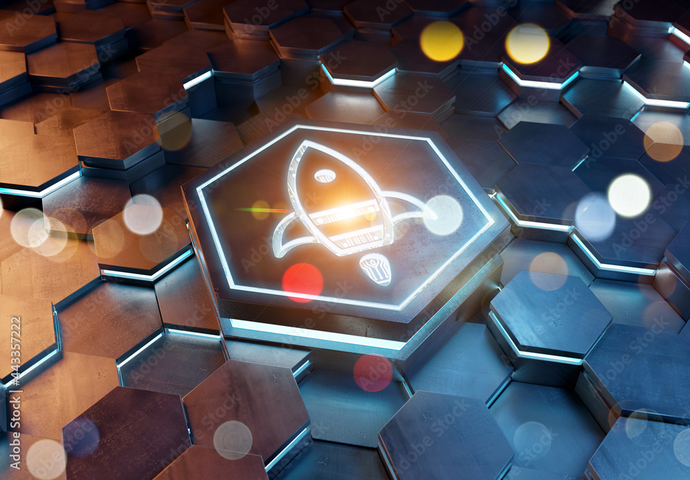 Poster Spaceship icon innovation concept engraved on metal hexagonal pedestral background. Rocket startup logo glowing on abstract digital surface. 3d rendering