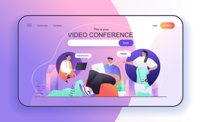 This is your Video Conference concept for landing page. Man makes video call and talking with friends in group chat web banner template. Vector illustration in flat cartoon design for web page