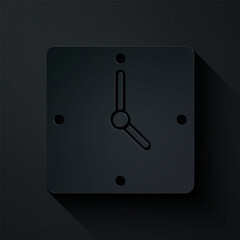 Paper cut Clock icon isolated on black background. Time symbol. Paper art style. Vector