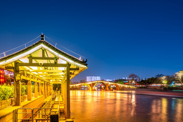 Night view of the ancient canal of Hangzhou Gongchen Bridge