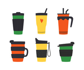 Set of tumblers with cap, handle and straw. Reusable cups and thermo mug. Different designs of thermos for take away coffee. Vector illustrations isolated in flat and cartoon style on white background - obrazy, fototapety, plakaty