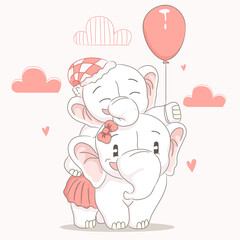 cute elephant baby with his mom. hand drawn vector art style